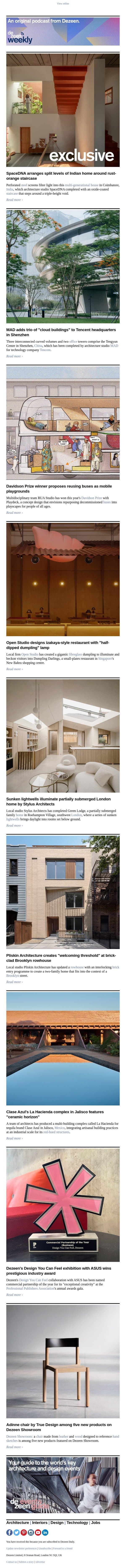 Split-level Indian home | "Half-dipped dumpling" lamp | Davidson Prize winner email from Dezeen screenshot