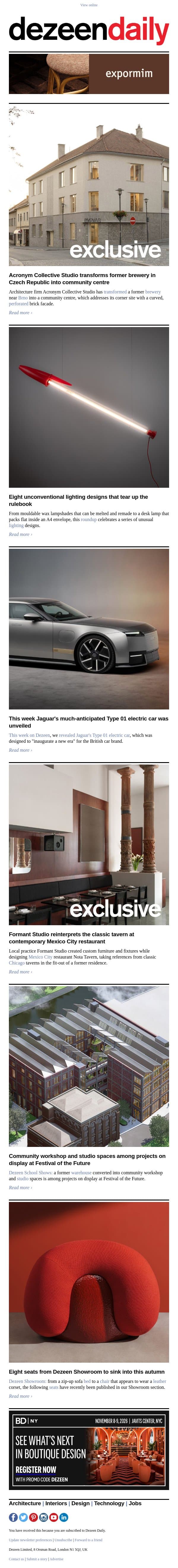 Unconventional lighting | Tavern-like restaurant | Brewery transformation email from Dezeen screenshot
