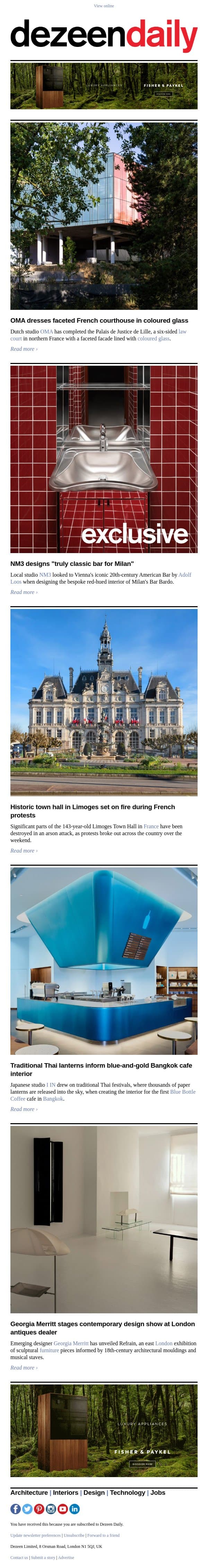OMA faceted courthouse | Limoges Town Hall fire | "Truly classic" Milan bar email from Dezeen screenshot