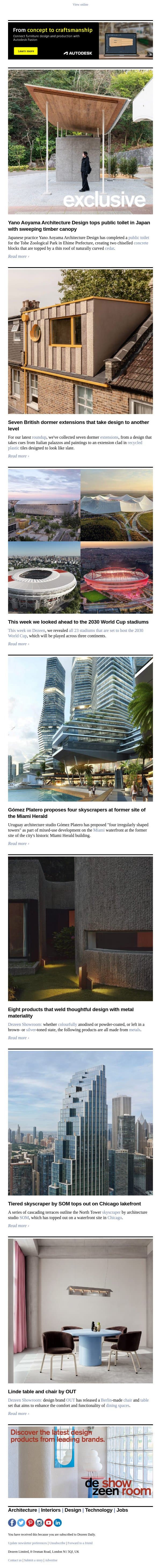 Timber-topped toilet | SOM Chicago lakefront skyscraper | British dormer extensions email from Dezeen screenshot