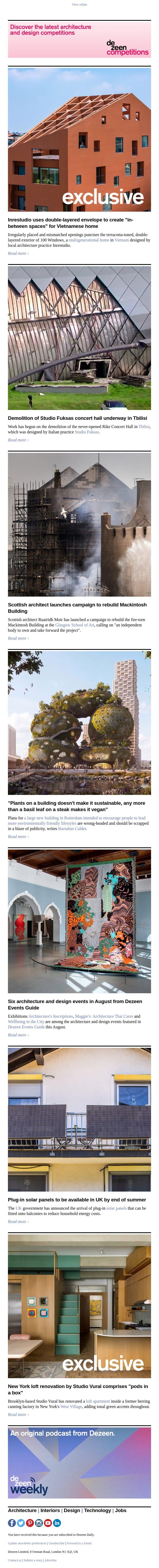 Tbilisi concert hall demolition underway | Rebuild The Mack campaign | Plug-in solar panels email from Dezeen screenshot