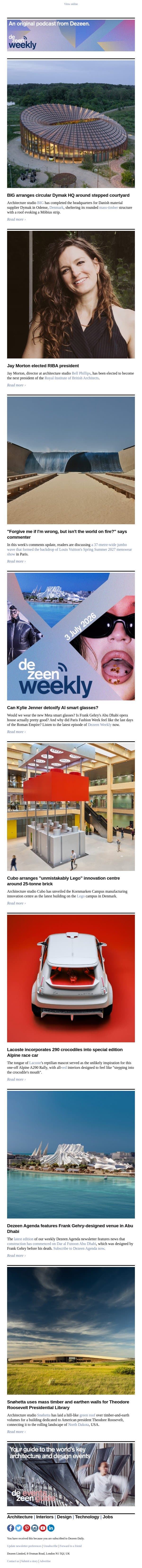 BIG mass-timber offices | "Unmistakably Lego" innovation centre | Lacoste rally car email from Dezeen screenshot