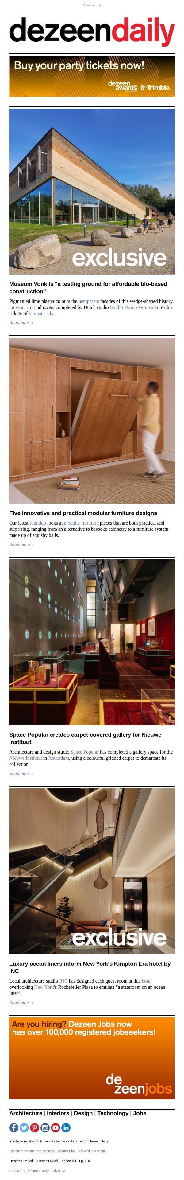 Hempcrete history museum | Modular furniture | Carpet-covered gallery email from Dezeen screenshot