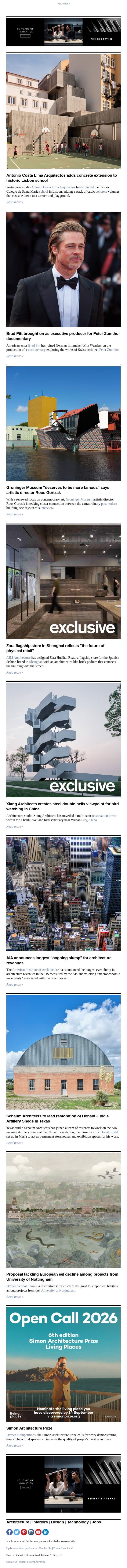 Peter Zumthor documentary | Architecture revenue slump | Artillery Sheds restoration email from Dezeen screenshot