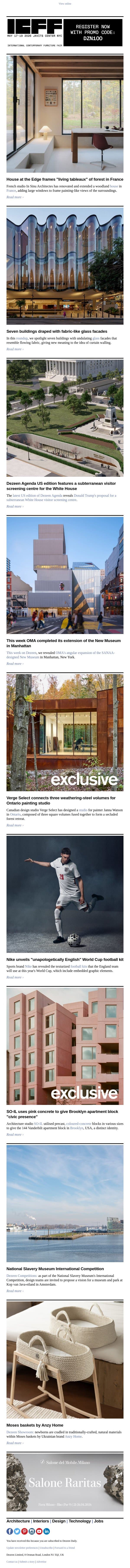 Unapologetically English" football kits | SO-IL pink Brooklyn apartments | Sculptural glass facades email from Dezeen screenshot