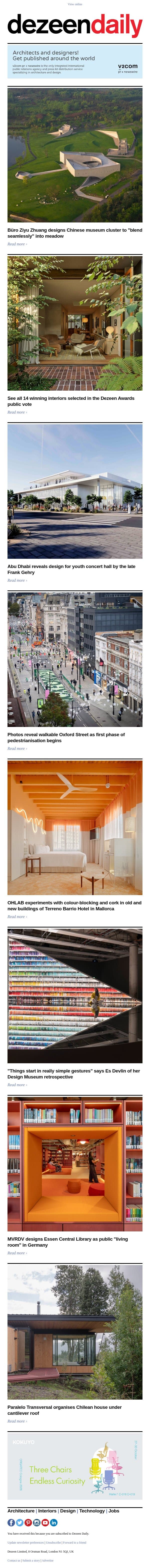 Frank Gehry concert hall | Es Devlin retrospective | MVRDV library email from Dezeen screenshot