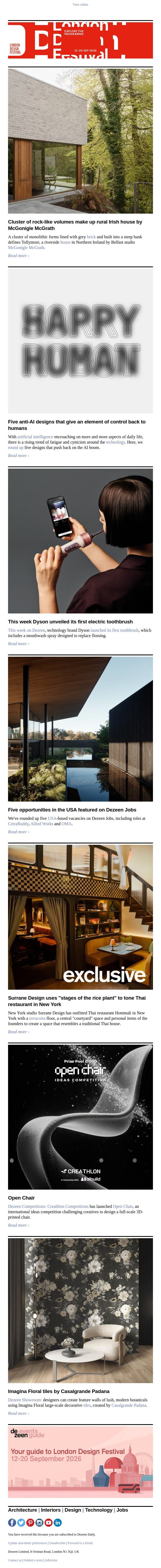 Anti-AI designs | Monolithic Irish house | West Village Thai restaurant email from Dezeen screenshot