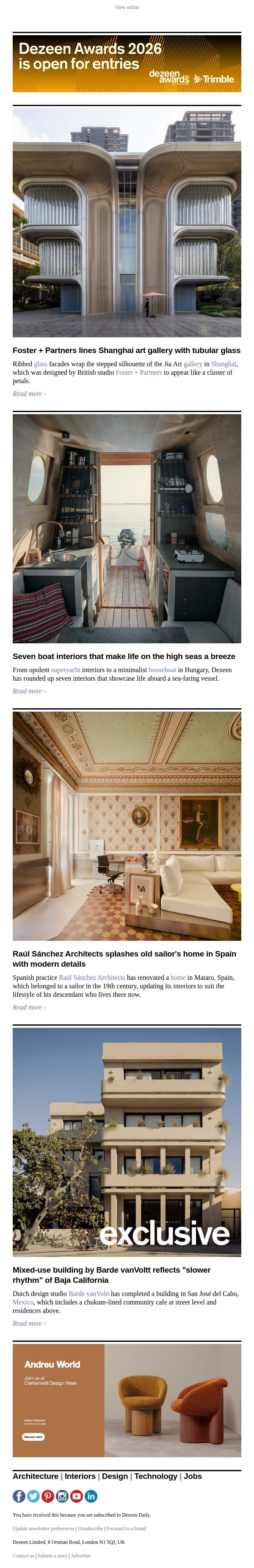 Foster + Partners art gallery | Renovated sailor's home | Striking boat interiors email from Dezeen screenshot