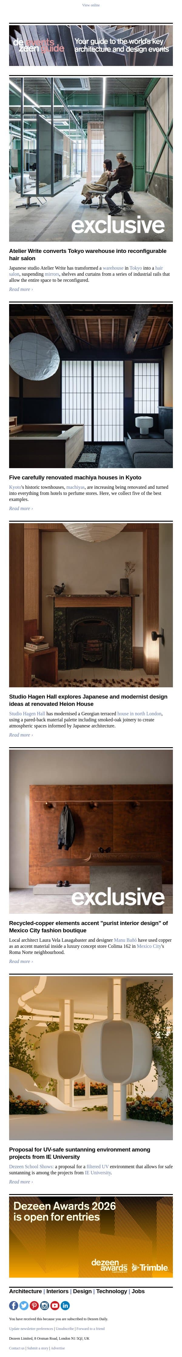 Reconfigurable hair salon | Mexico City boutique | Machiya renovations email from Dezeen screenshot