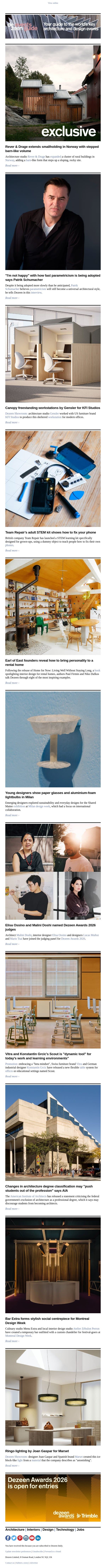 Schumacher on parametricism | Phone-fix kit | Norway stepped barn email from Dezeen screenshot