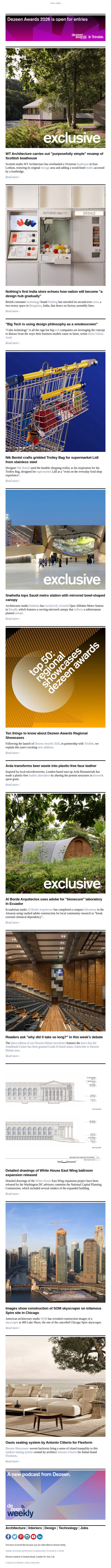White House ballroom plans | Snøhetta mirrored metro station | Lidl shopping trolley bag email from Dezeen screenshot