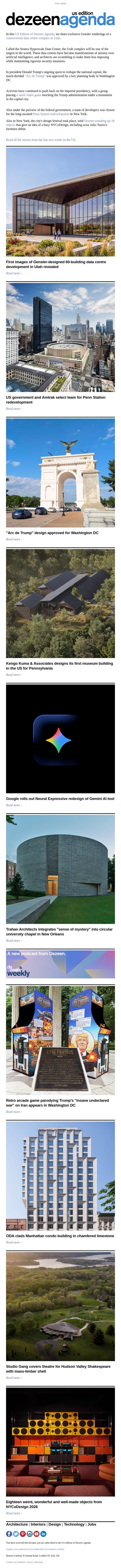 Agenda – US edition: Images of Gensler-designed data centre in Utah revealed email from Dezeen screenshot