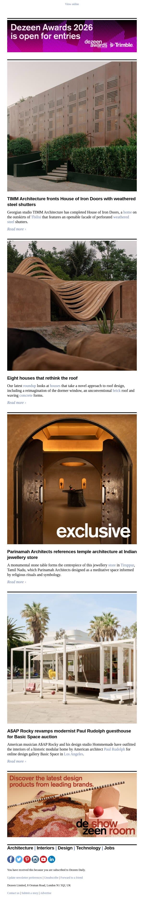 A$AP Rocky's Rudolph guesthouse | Houses with unusual roofs | Indian jewellery store email from Dezeen screenshot