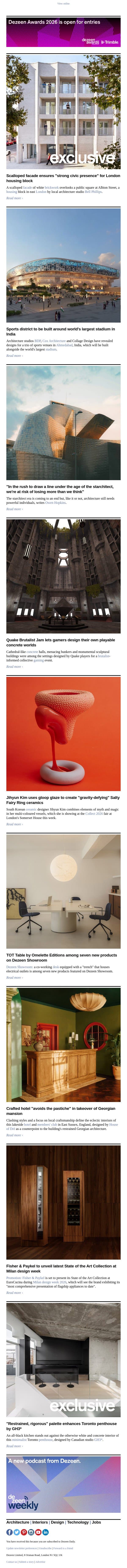 Scalloped London housing | Gloopy ceramics | Ahmedabad sports district email from Dezeen screenshot