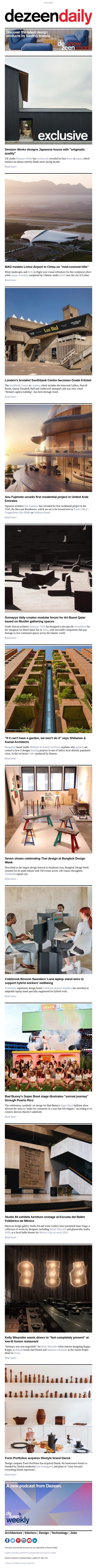 Bad Bunny Super Bowl set | Southbank Centre listed | MAD bird-like airport email from Dezeen screenshot