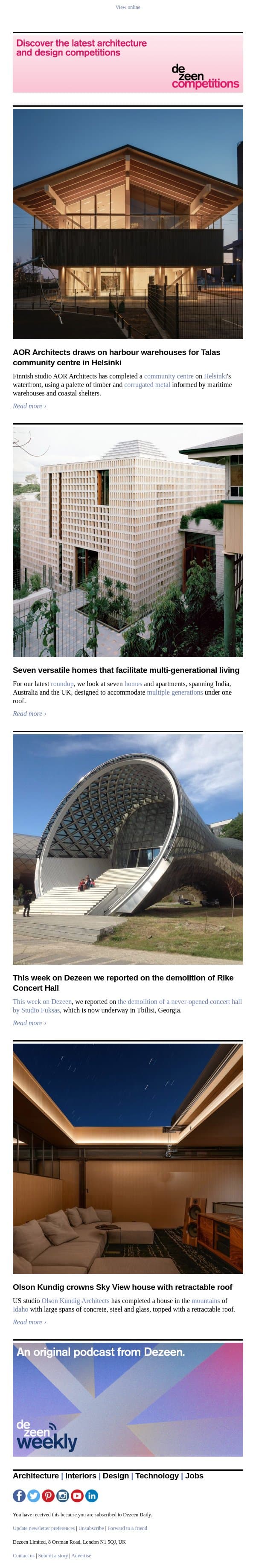 Retractable-roof house | Timber community centre | Multi-generational homes email from Dezeen screenshot