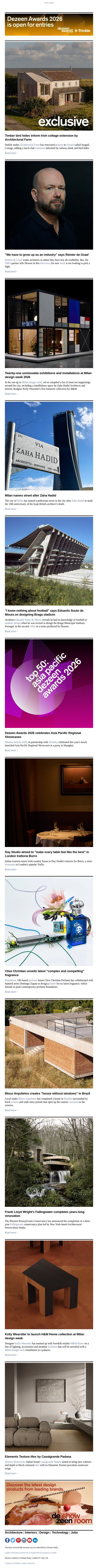 Milan design week preview | Zaha Hadid street | Fallingwater renovation email from Dezeen screenshot