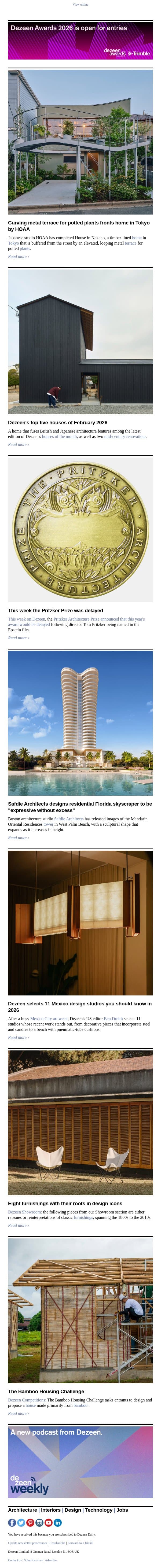 Tokyo home | Safdie Architects Florida skyscraper | February top houses email from Dezeen screenshot