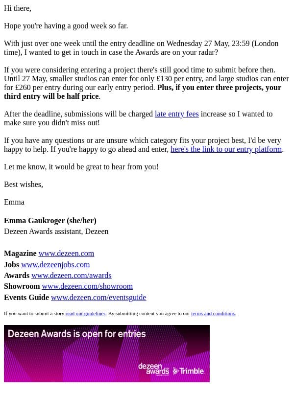 Dezeen Awards 2026 Deadline email from Dezeen screenshot