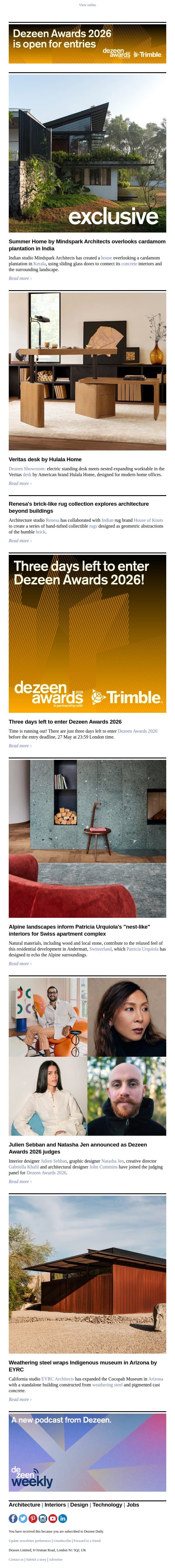 Cardamom-plantation home | "Nest-like" interiors | Indigenous Arizona museum email from Dezeen screenshot