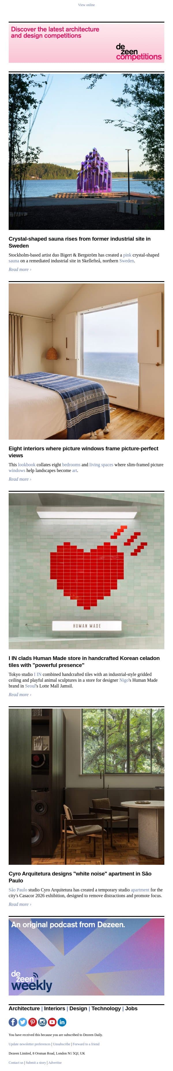 Crystal-shaped sauna | "White noise" apartment | Celadon-tiled Human Made store email from Dezeen screenshot