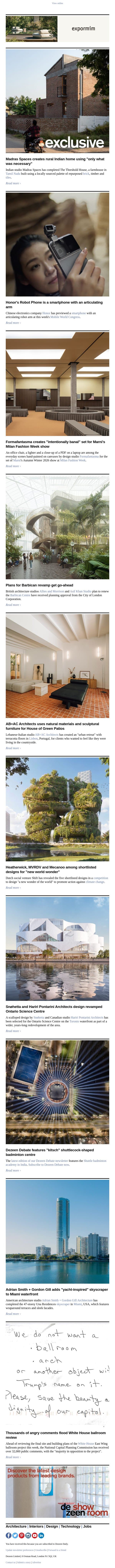 Robot Phone | "New world wonder" shortlist | Barbican revamp email from Dezeen screenshot