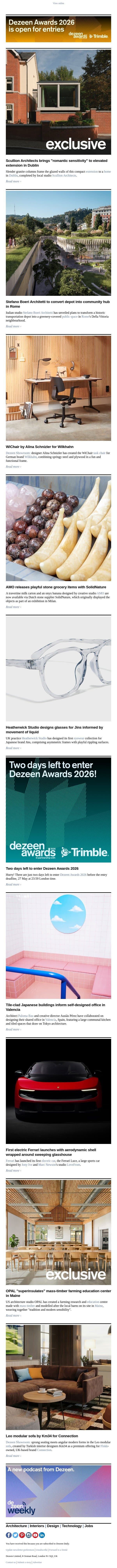First electric Ferrari | Heatherwick Studio eyewear | AMO stone fruit email from Dezeen screenshot