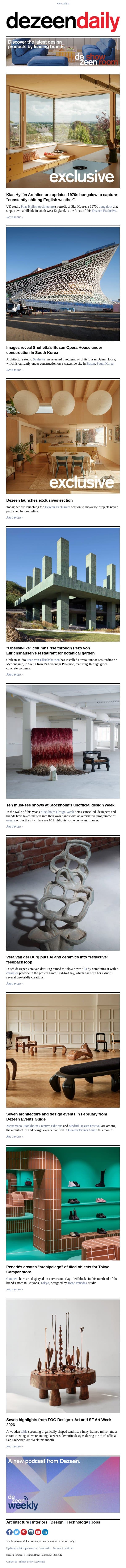 Snøhetta opera house | 1970s bungalow | Stockholm design week highlights email from Dezeen screenshot