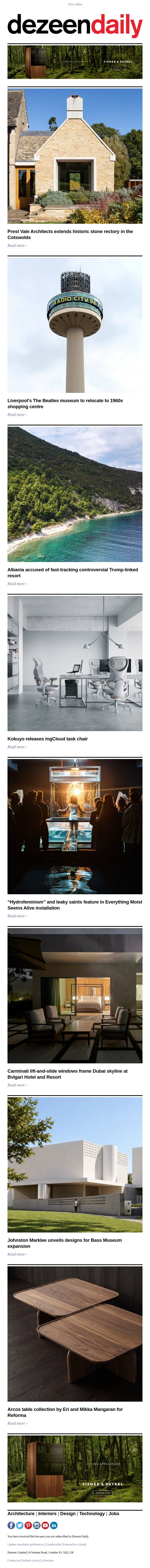 Beatles museum tower | Trump Albania resort controversy | "Hydrofeminism" exhibition email from Dezeen screenshot