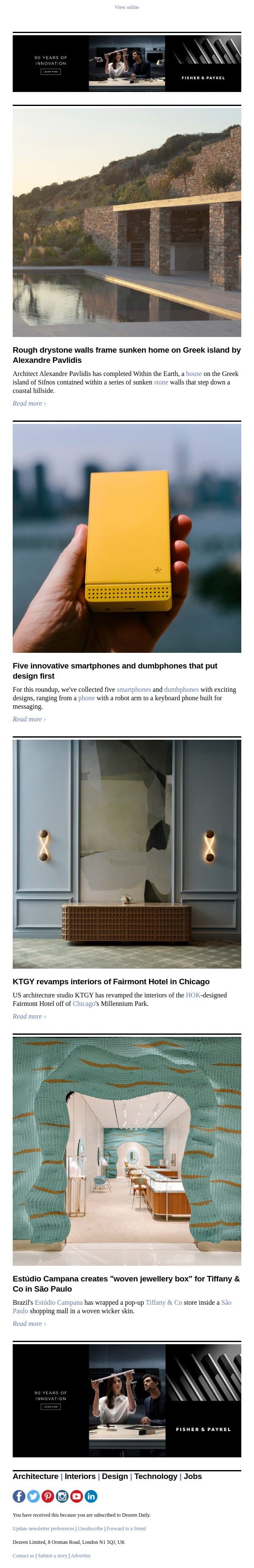 Sunken stone home | Tiffany & Co São Paulo pop-up store | Innovative phones email from Dezeen screenshot