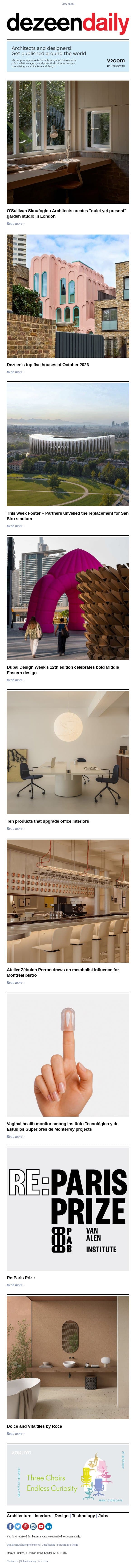 Top October houses | London garden studio | Metabolism-style bistro email from Dezeen screenshot
