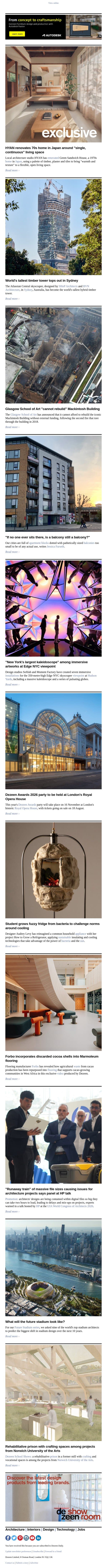 World's tallest timber tower | Mack will not be rebuilt | Bacteria-grown fridge email from Dezeen screenshot