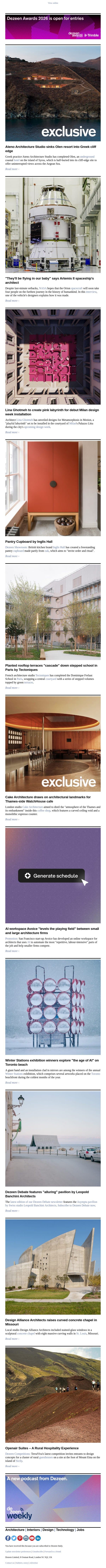 Underground hotel | Moon spacecraft architect interview | Lina Ghotmeh Milan labyrinth email from Dezeen screenshot