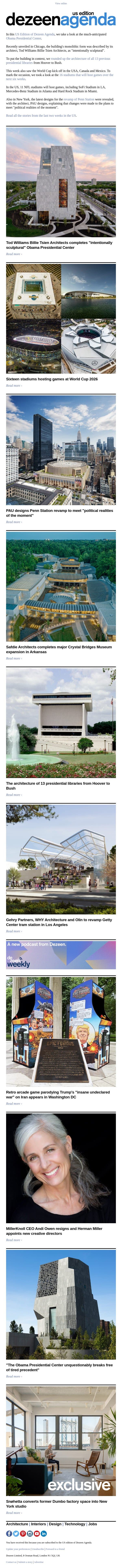 Agenda – US edition: Tod Williams Billie Tsien Architects completes Obama Presidential Center email from Dezeen screenshot