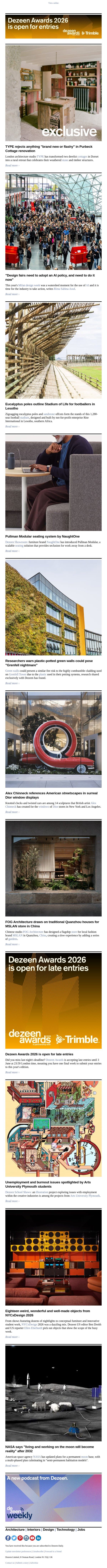 Design fairs "need AI policy" | Lesotho football stadium | Derelict cottage renovation email from Dezeen screenshot