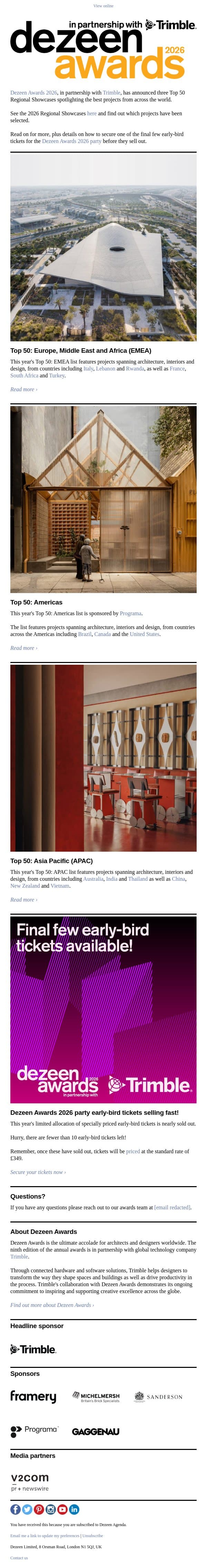 Dezeen Awards 2026 Regional Showcases announced email from Dezeen screenshot
