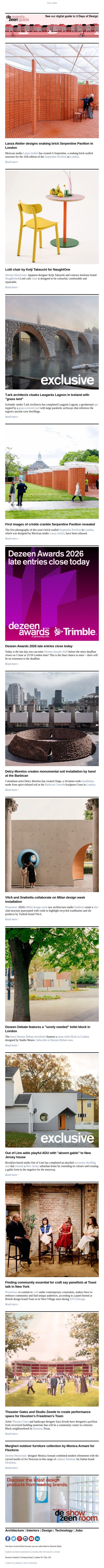 Serpentine Pavilion revealed | Icelandic lagoon spa | Theaster Gates stage email from Dezeen screenshot