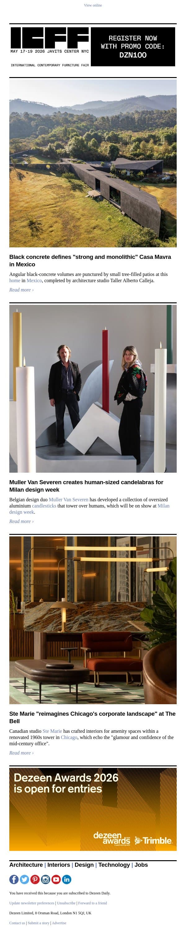 Human-sized candelabras | Bell Telephone Company revamp | Black concrete Mexican house email from Dezeen screenshot