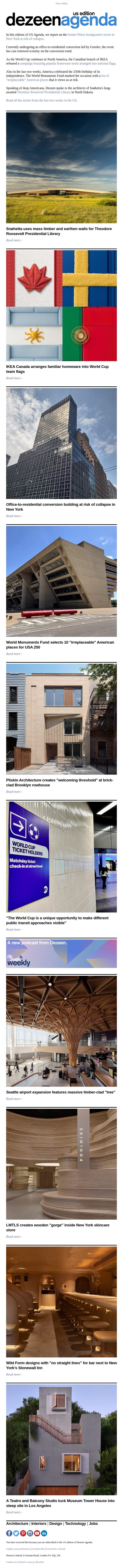 Agenda US: Former Pfizer headquarters tower in New York at risk of collapse email from Dezeen screenshot
