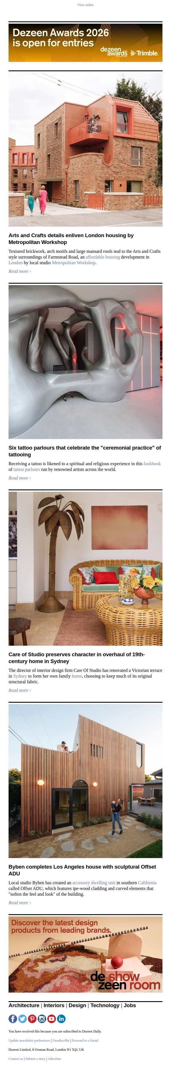 Tattoo parlours | Arts and Crafts-informed housing | Sculptural ADU email from Dezeen screenshot