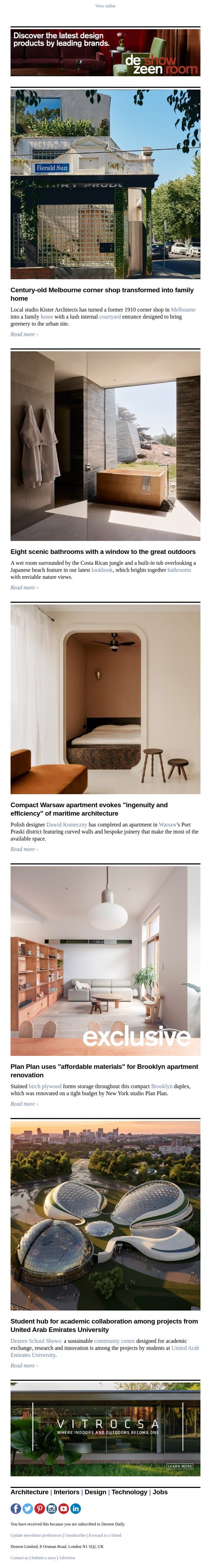 Melbourne corner-shop home | Scenic bathrooms | Renovated Brooklyn duplex email from Dezeen screenshot