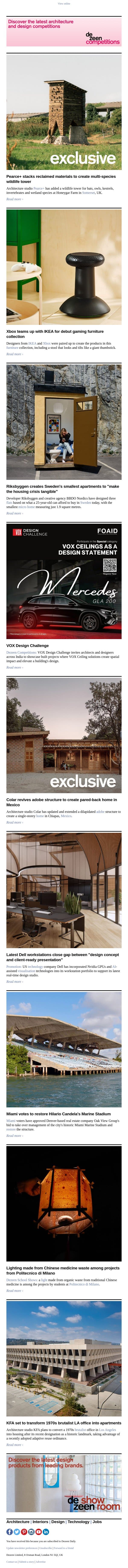 IKEA x Xbox gaming furniture | Sweden's smallest apartments | Multi-species wildlife tower email from Dezeen screenshot