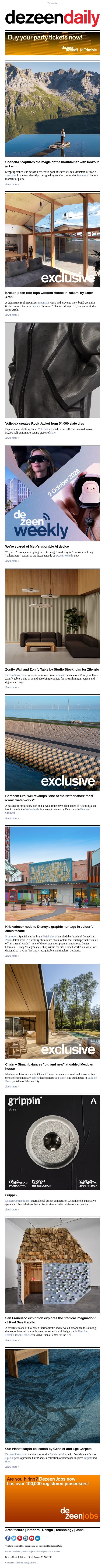 Snøhetta mountain lookout | Stone jacket | Gabled Mexican house email from Dezeen screenshot