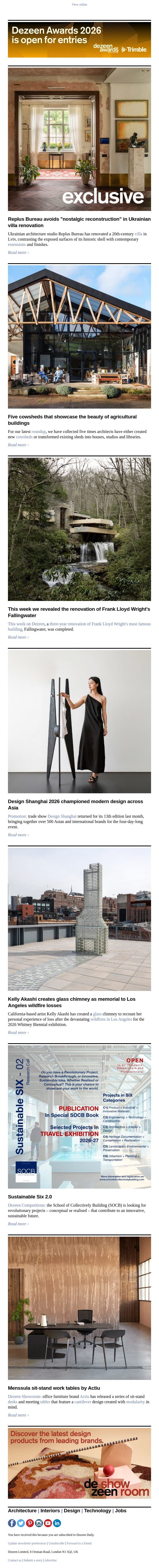 Cowshed conversions | Ukrainian villa renovation | Kelly Akashi LA chimney sculpture email from Dezeen screenshot
