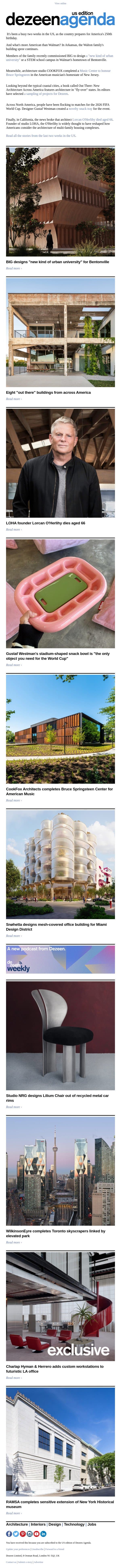 Agenda – US edition: BIG designs "new kind of urban university" for Bentonville email from Dezeen screenshot
