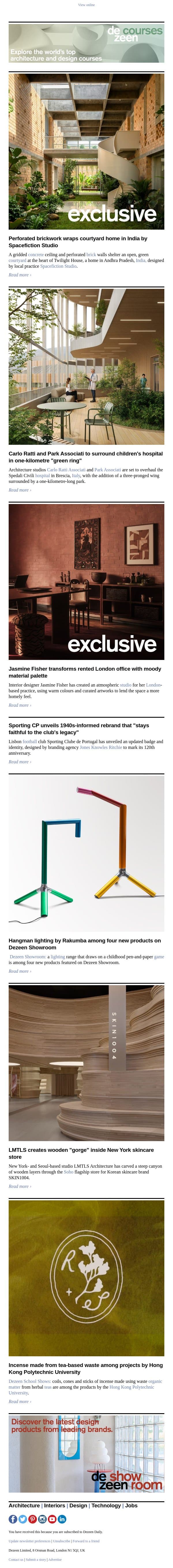 Perforated brick courtyard home | Sporting CP rebrand | Carlo Ratti children's hospital email from Dezeen screenshot