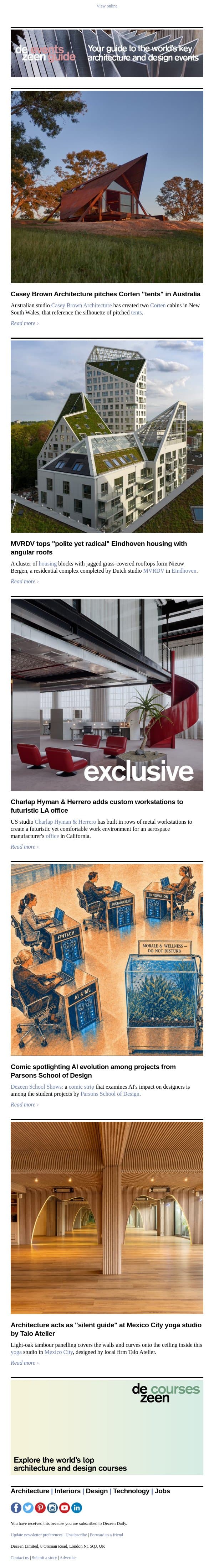 Corten "tents" | MVRDV Eindhoven housing | Mexico City yoga studio email from Dezeen screenshot