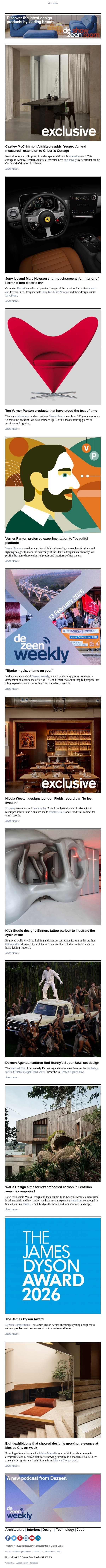 Jony Ive Ferrari interior | Verner Panton centenary | Mexico City art week highlights email from Dezeen screenshot