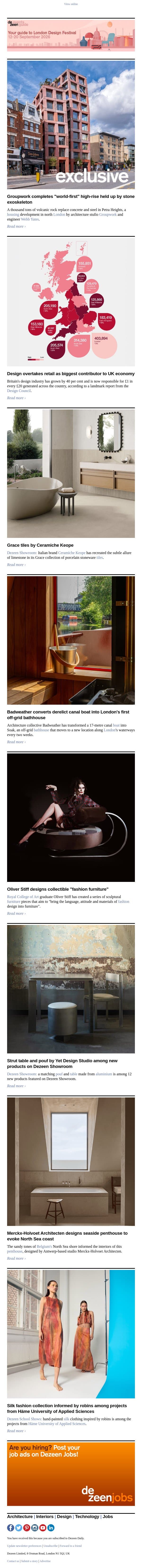Stone high rise | Canal-boat bathhouse | UK design growth report email from Dezeen screenshot
