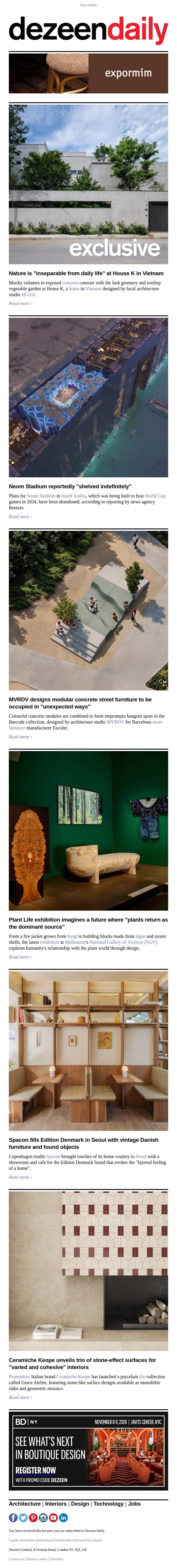 Neom Stadium cancelled | MVRDV street furniture | Blocky Vietnamese house email from Dezeen screenshot